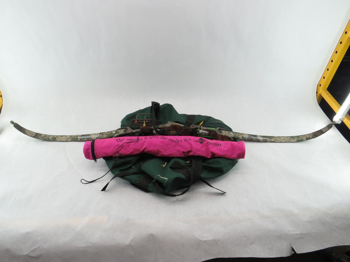 A pair of longhorns rests on top of a green backpack with a pink item in the middle against a white backdrop.