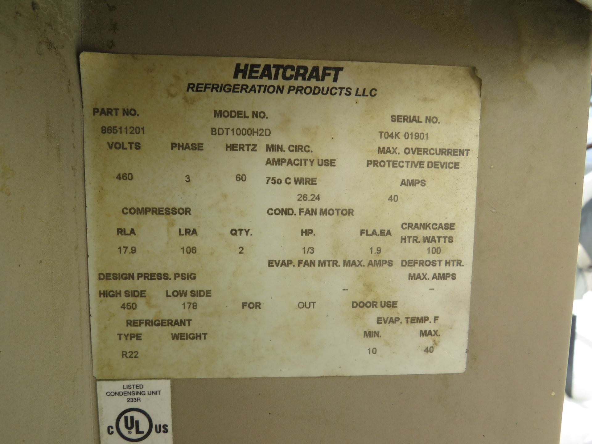 A label with machine specifications from 