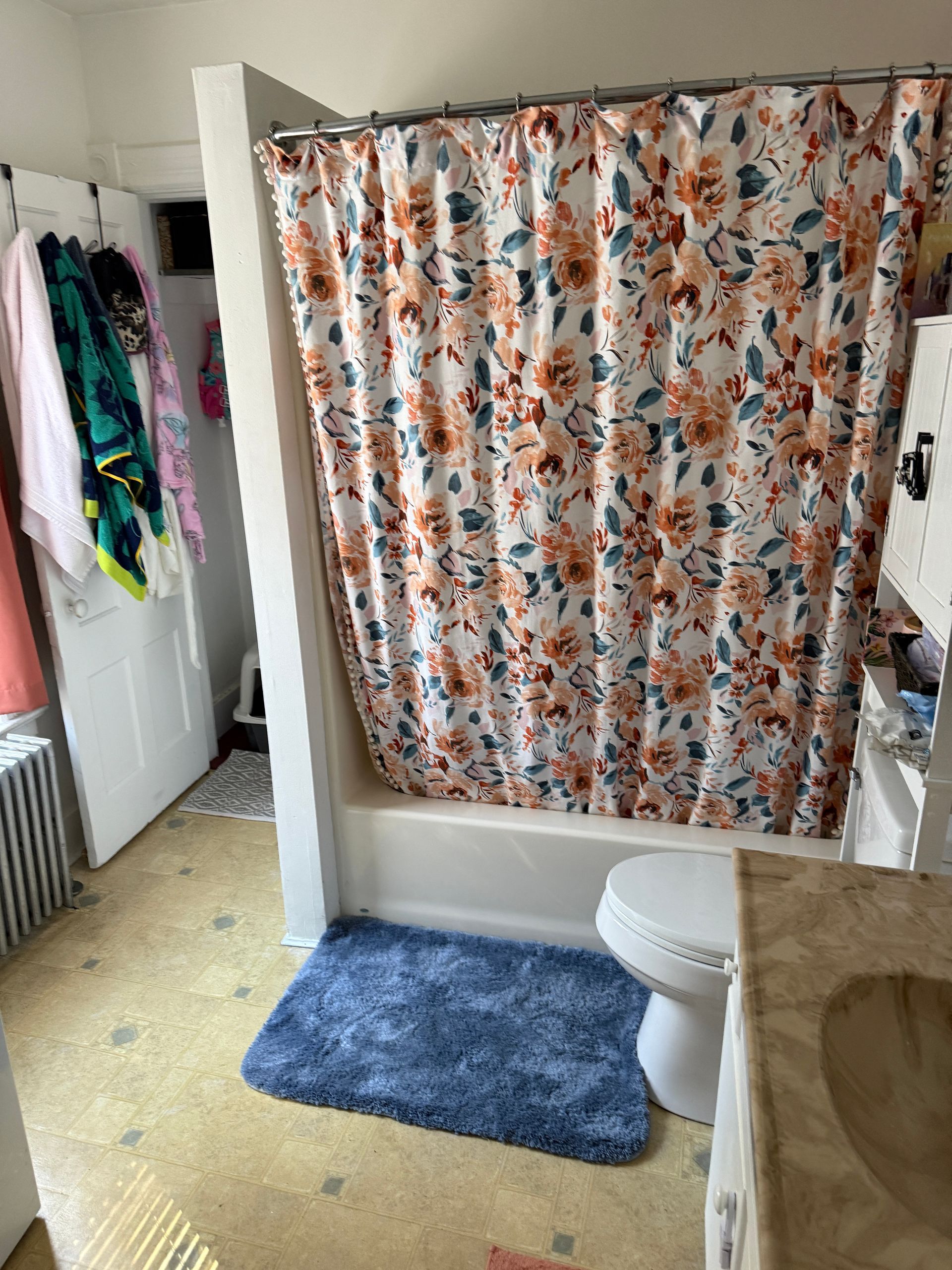 Bathroom with floral shower curtain, blue rug, toilet, and vanity.