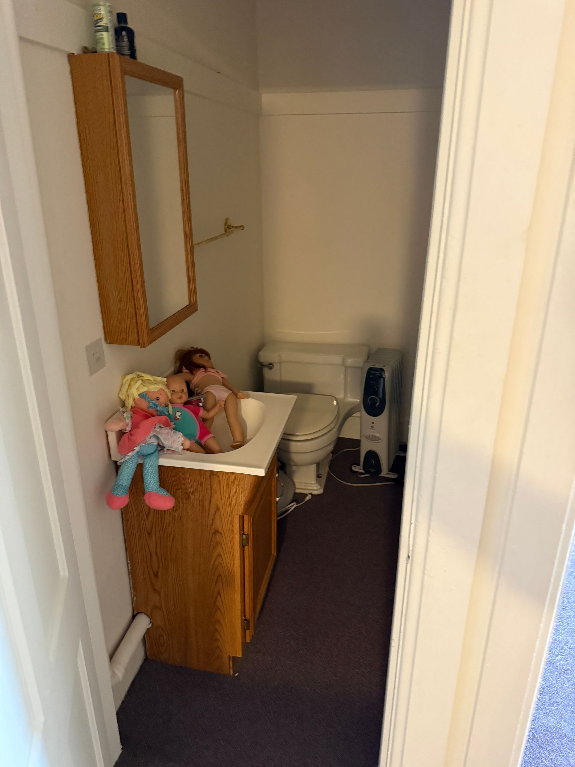 Small bathroom with sink, toilet, mirror, and space heater.