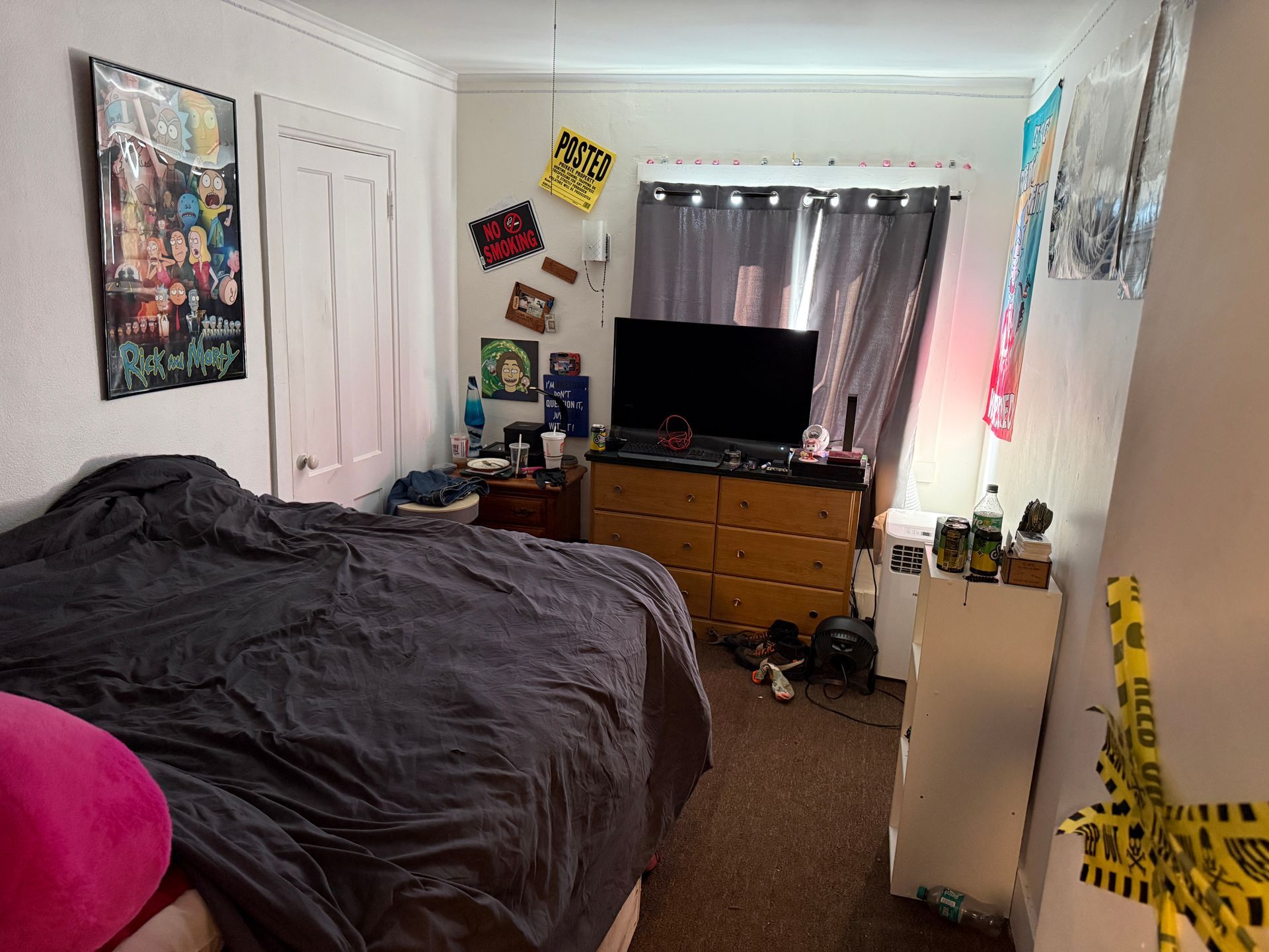 A bedroom with a bed, dresser, and posters. Dark comforter, TV on the dresser.