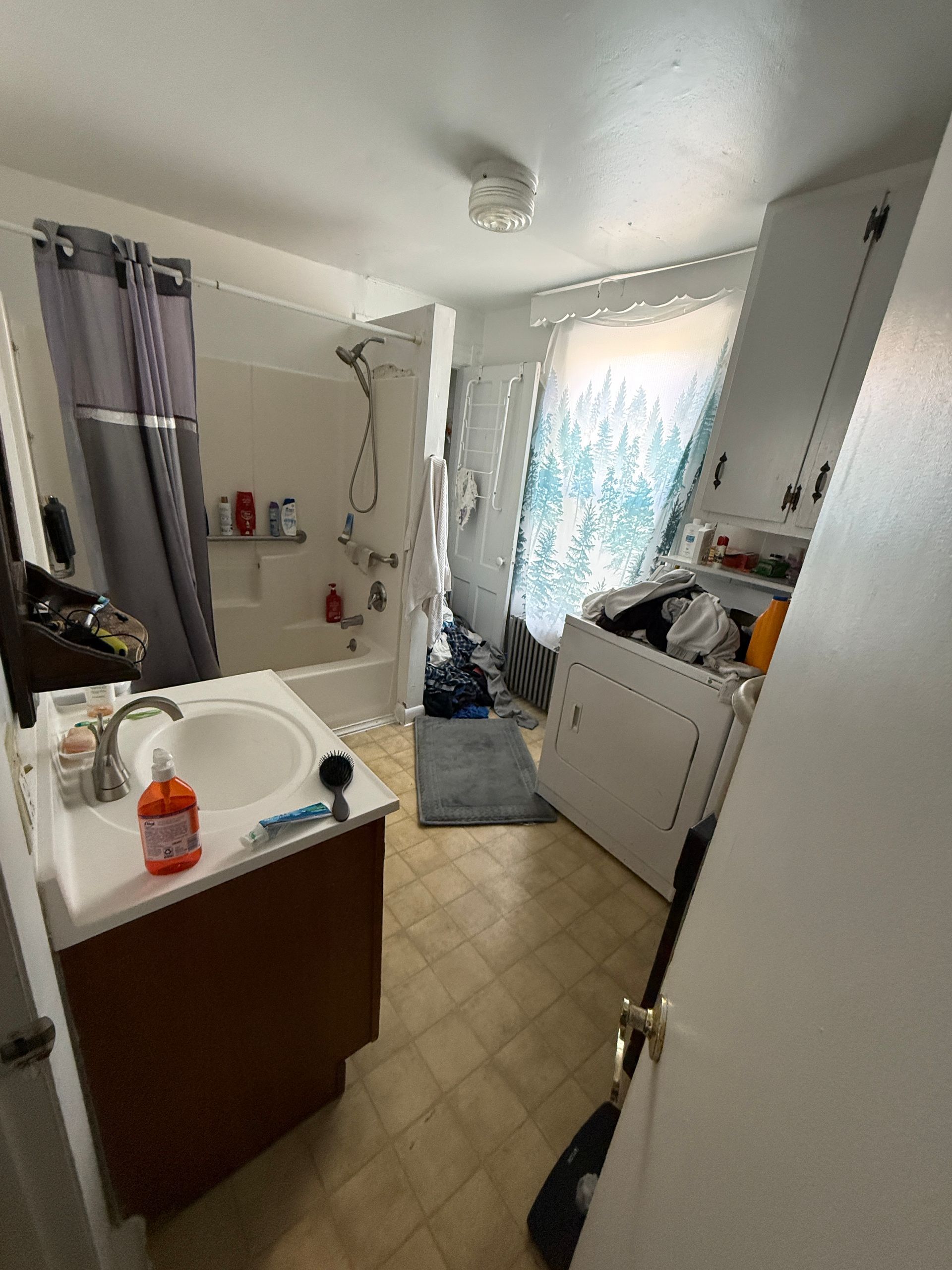 Bathroom with sink, shower, and laundry area, with a closed door in foreground.