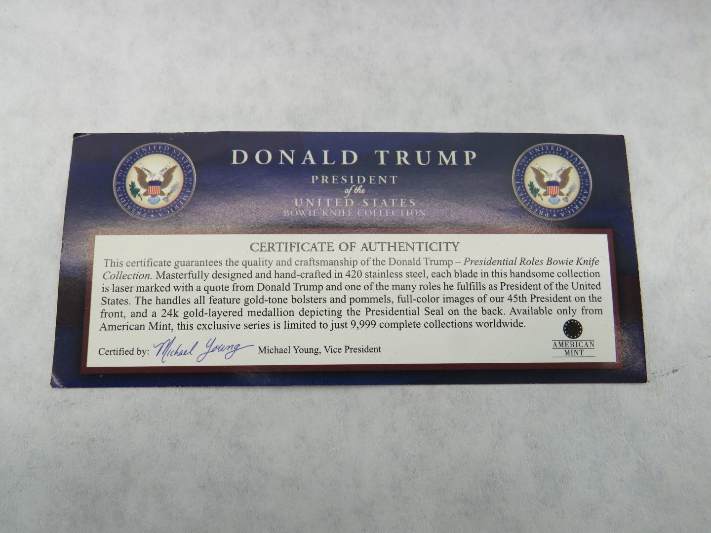 Presidential Certificate of Authenticity card. Blue with text and official seals.