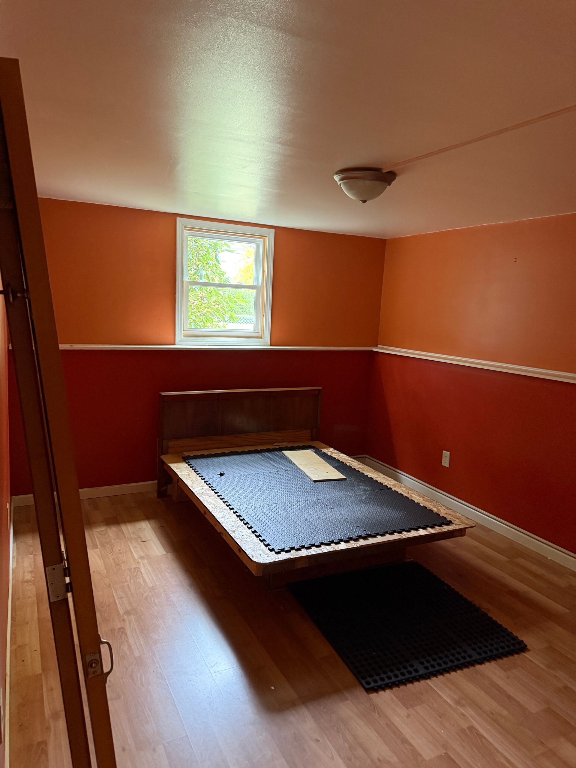 Orange-walled bedroom with low bed, window, and wood-look floor.
