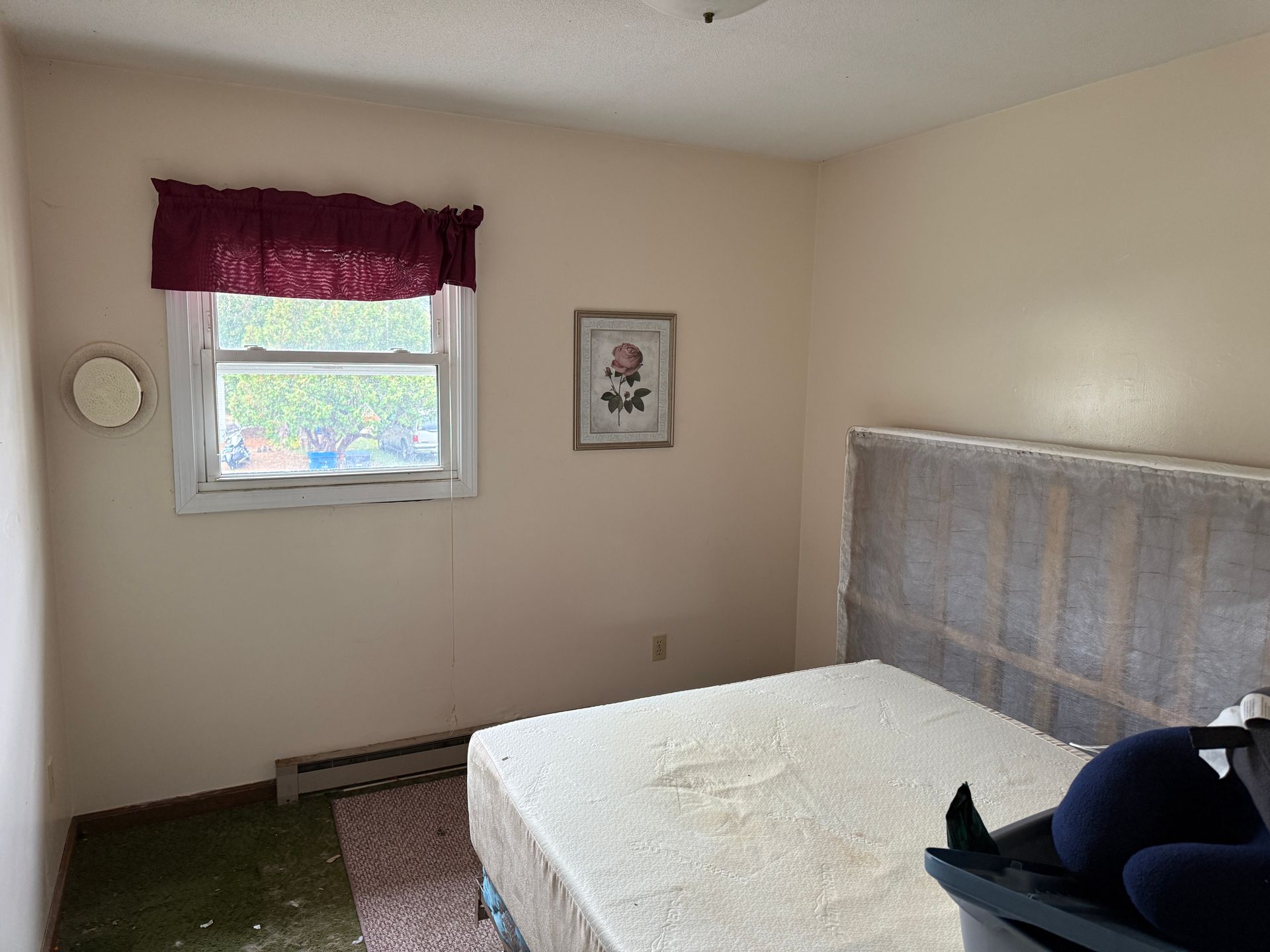 Bedroom with bed, window, and small picture. Beige walls, maroon valance, green carpet.