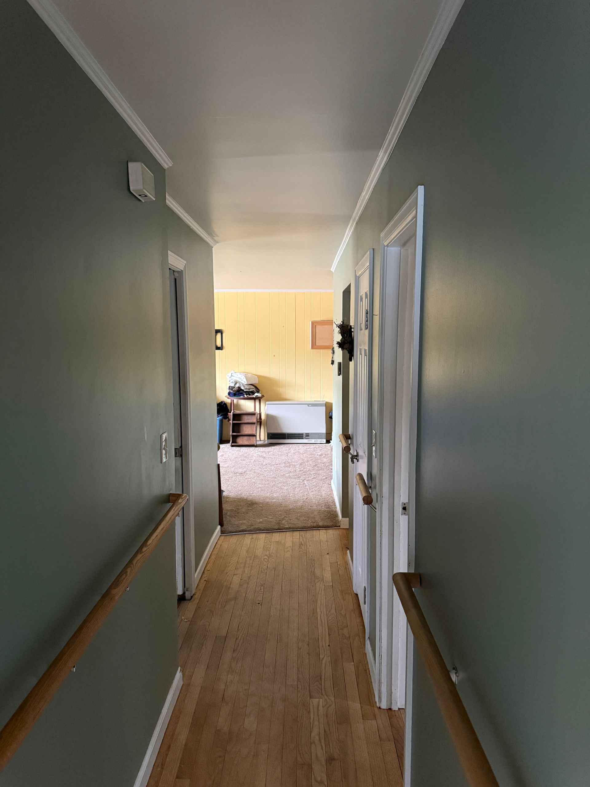 Long hallway with sage green walls, wood floor, and doors on each side leading to a room.