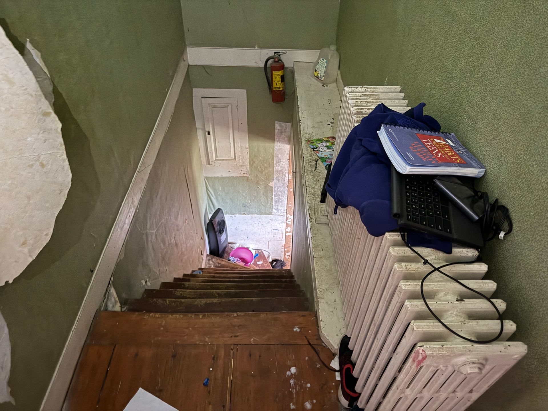 Stairwell with wooden steps leading down; fire extinguisher on wall.