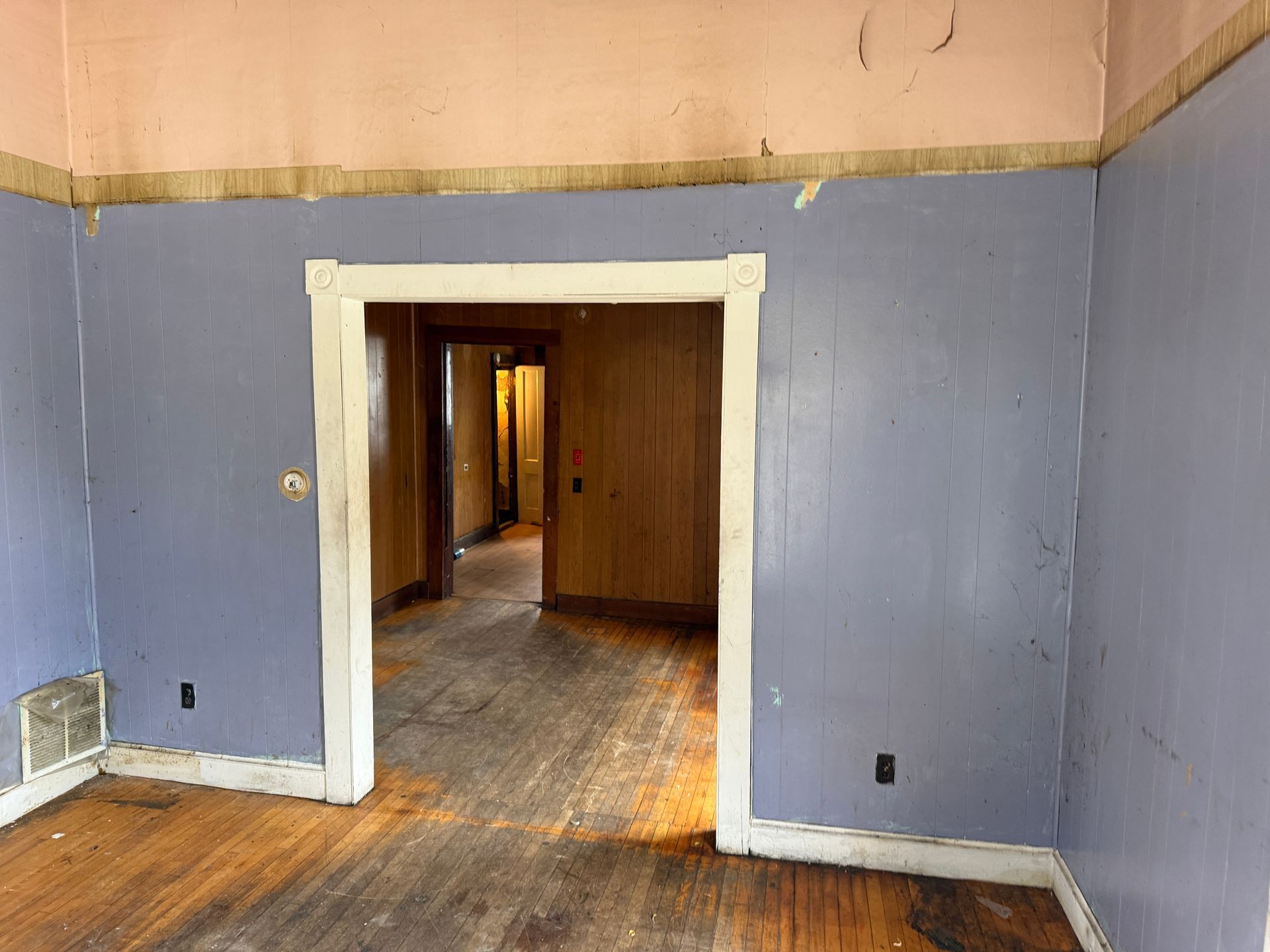 Interior room with blue walls, a doorway, and hardwood floors.