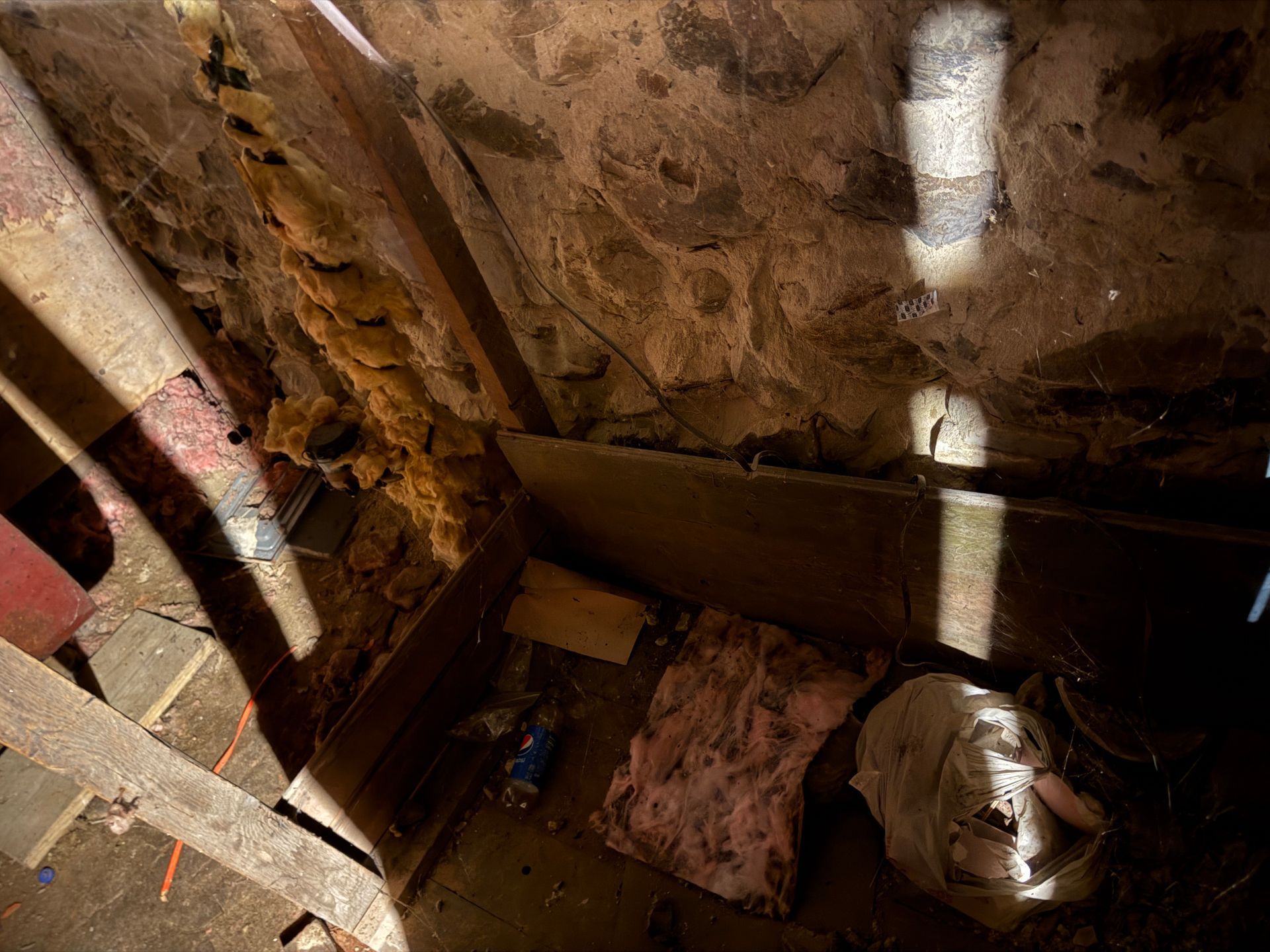 Attic interior with exposed wood beams, insulation.