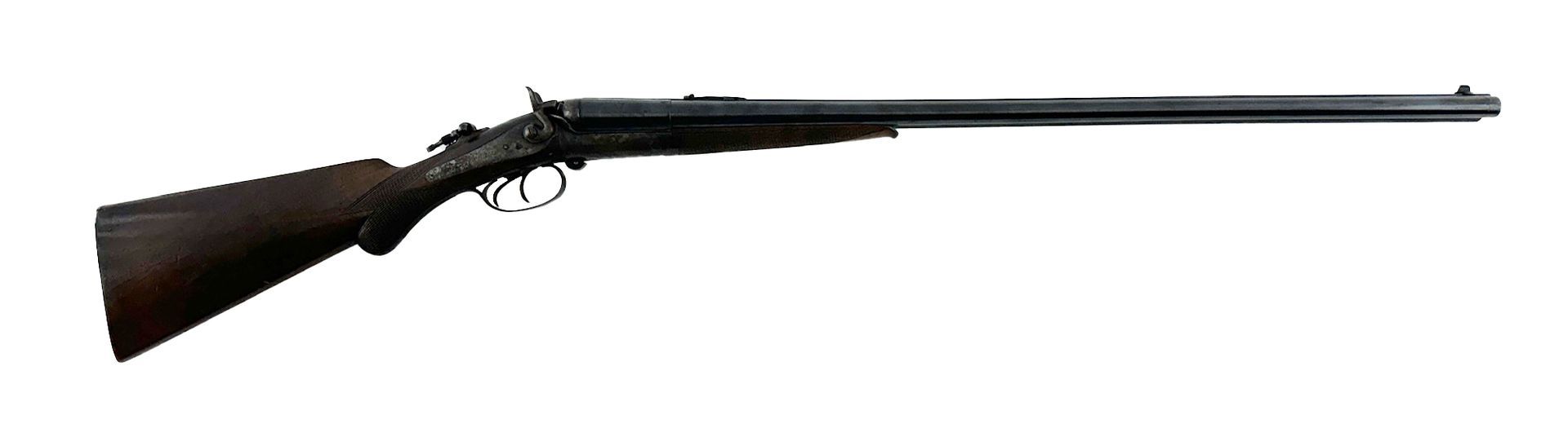 Double-barreled shotgun on white background.