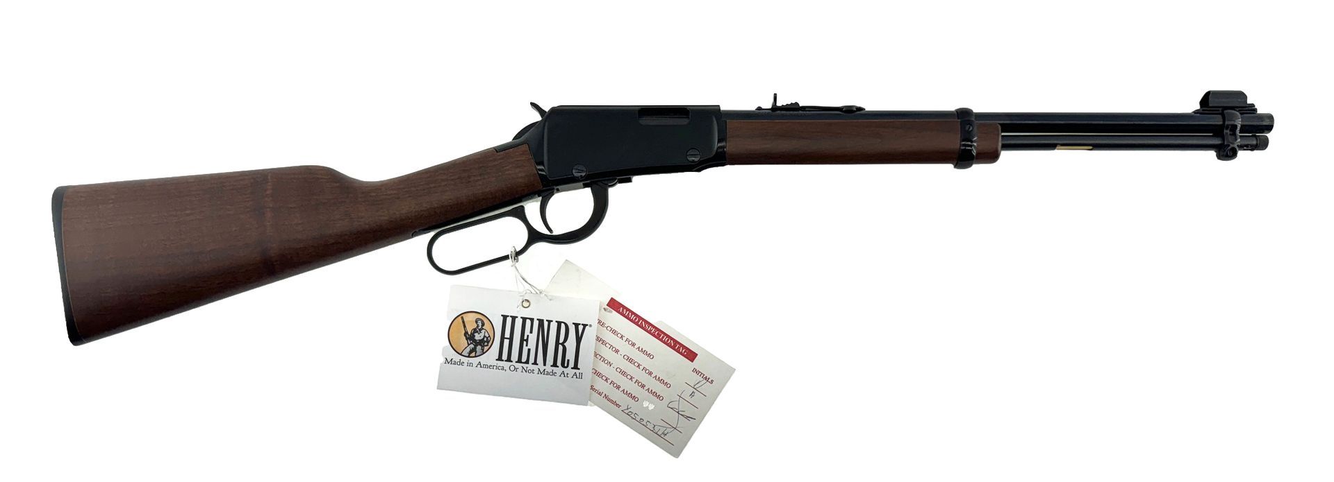 A lever-action rifle with a brown stock and forearm against a white background.