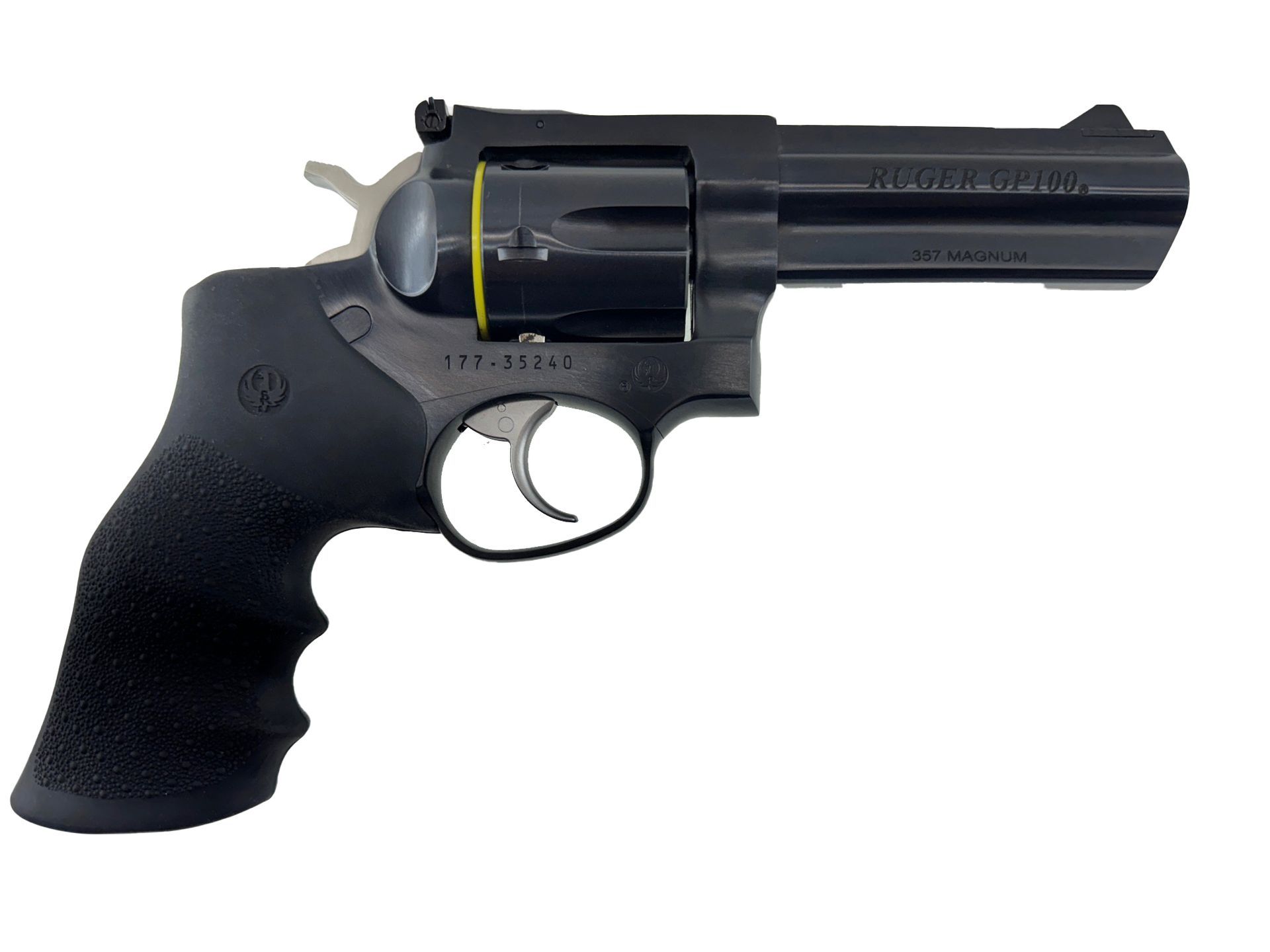 Black Ruger revolver with a silver trigger and hammer.