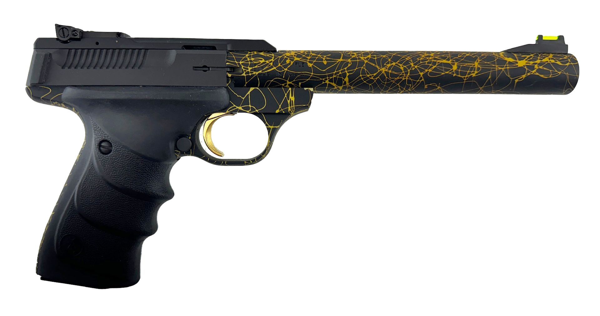 Black pistol with gold crackle pattern, gold trigger, and front sight.