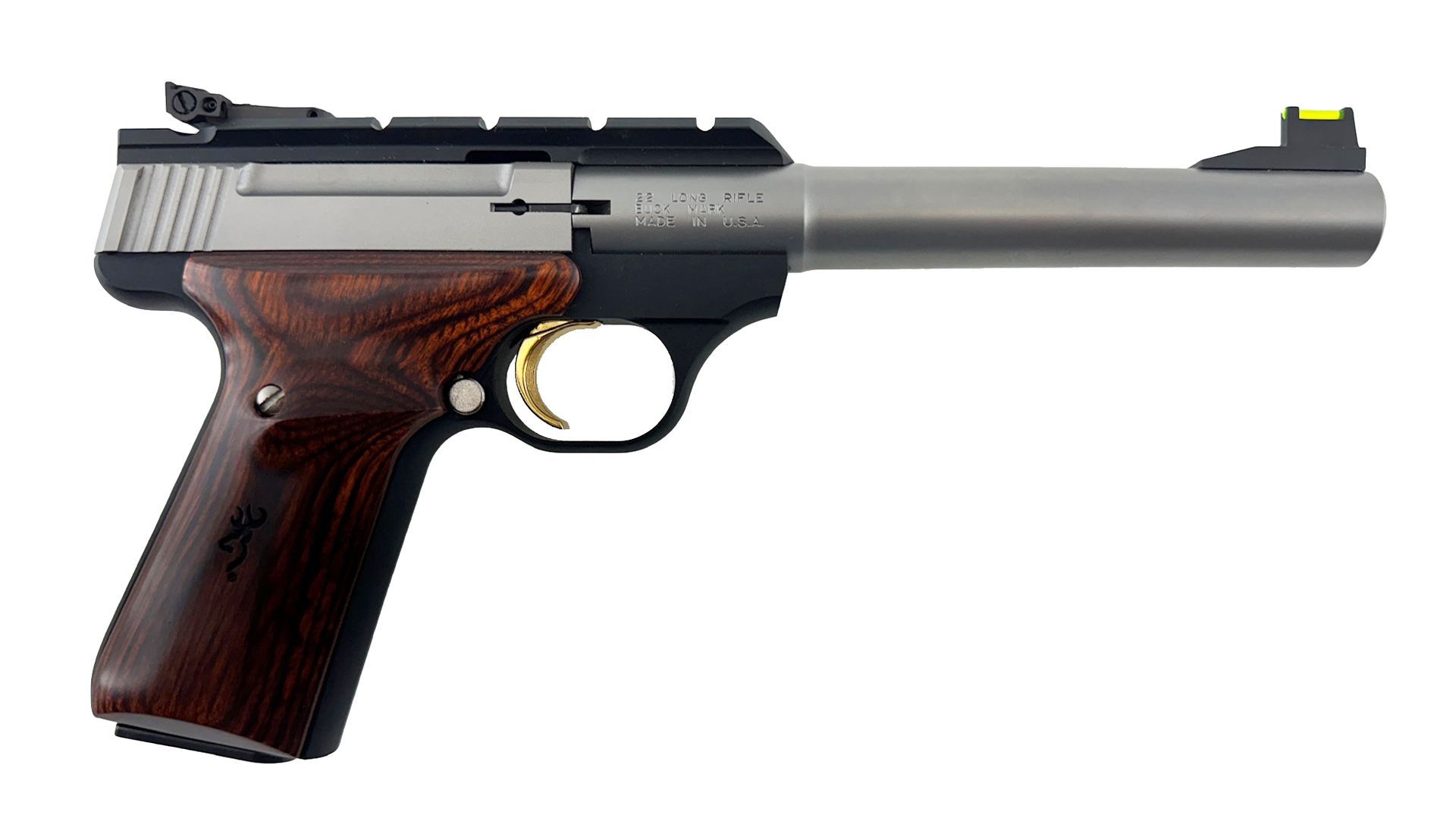 Pistol with a silver barrel, black frame, wood grip, and gold trigger. It has a scope mount and orange front sight.