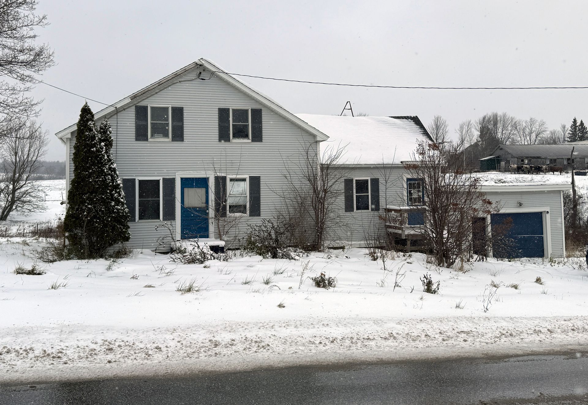 Snowy two-story house with blue door and attached garage; snow-covered ground and overcast sky.