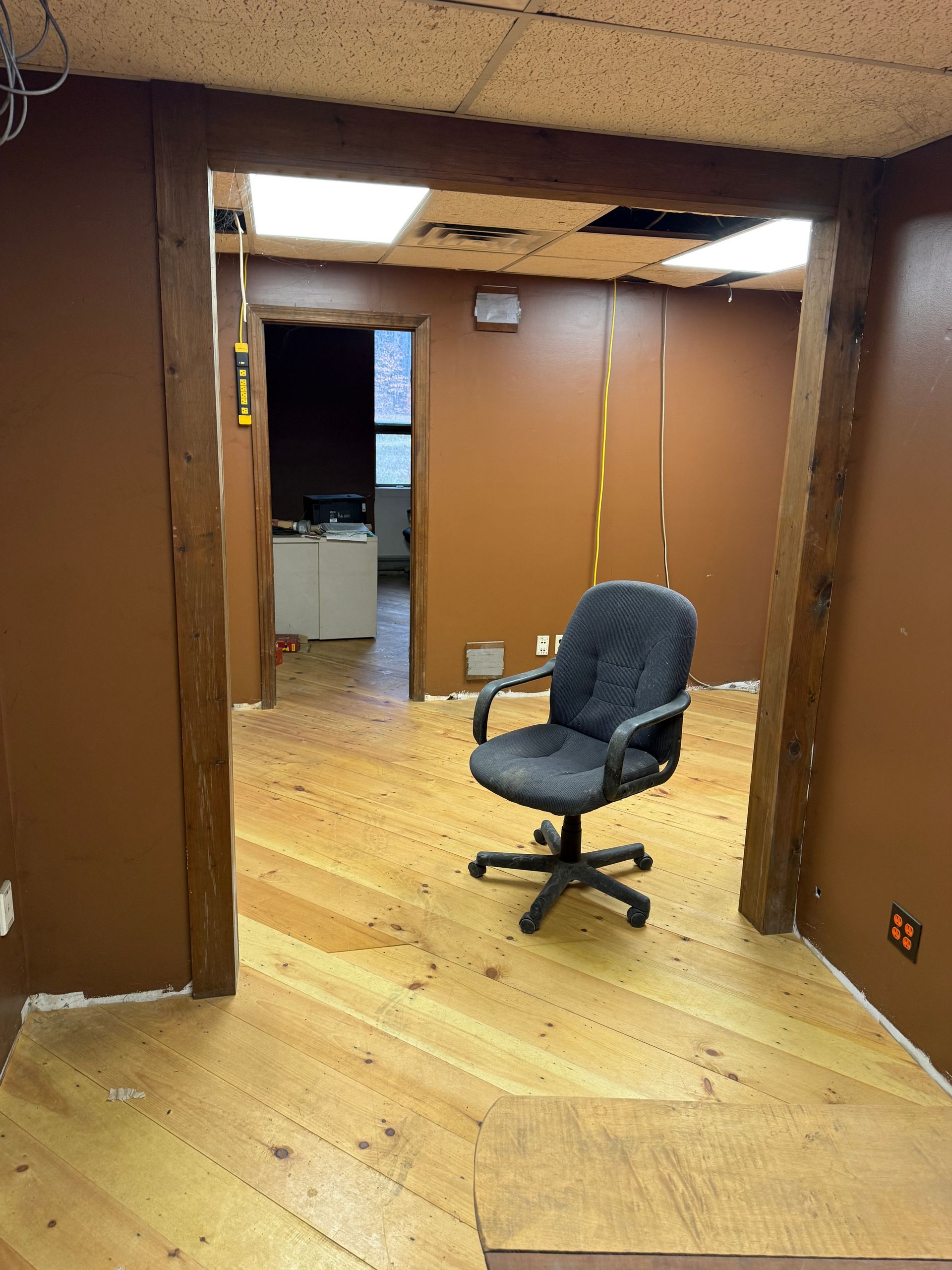 Office space with brown walls, wood flooring, doorway, and an office chair.