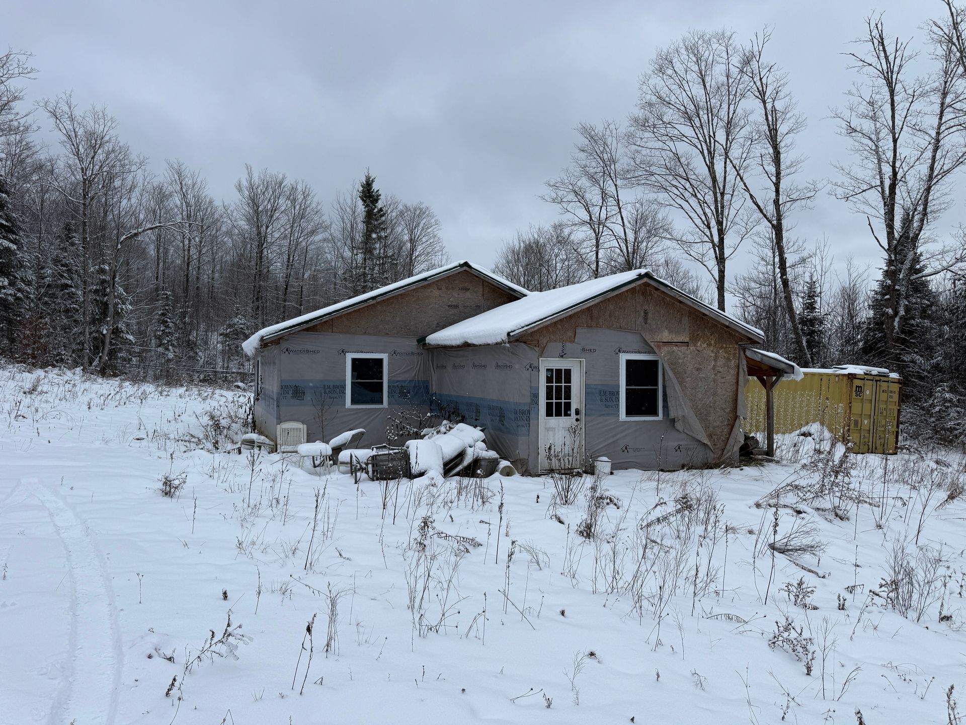 Snow-covered house under a cloudy sky, surrounded by bare trees and brush.