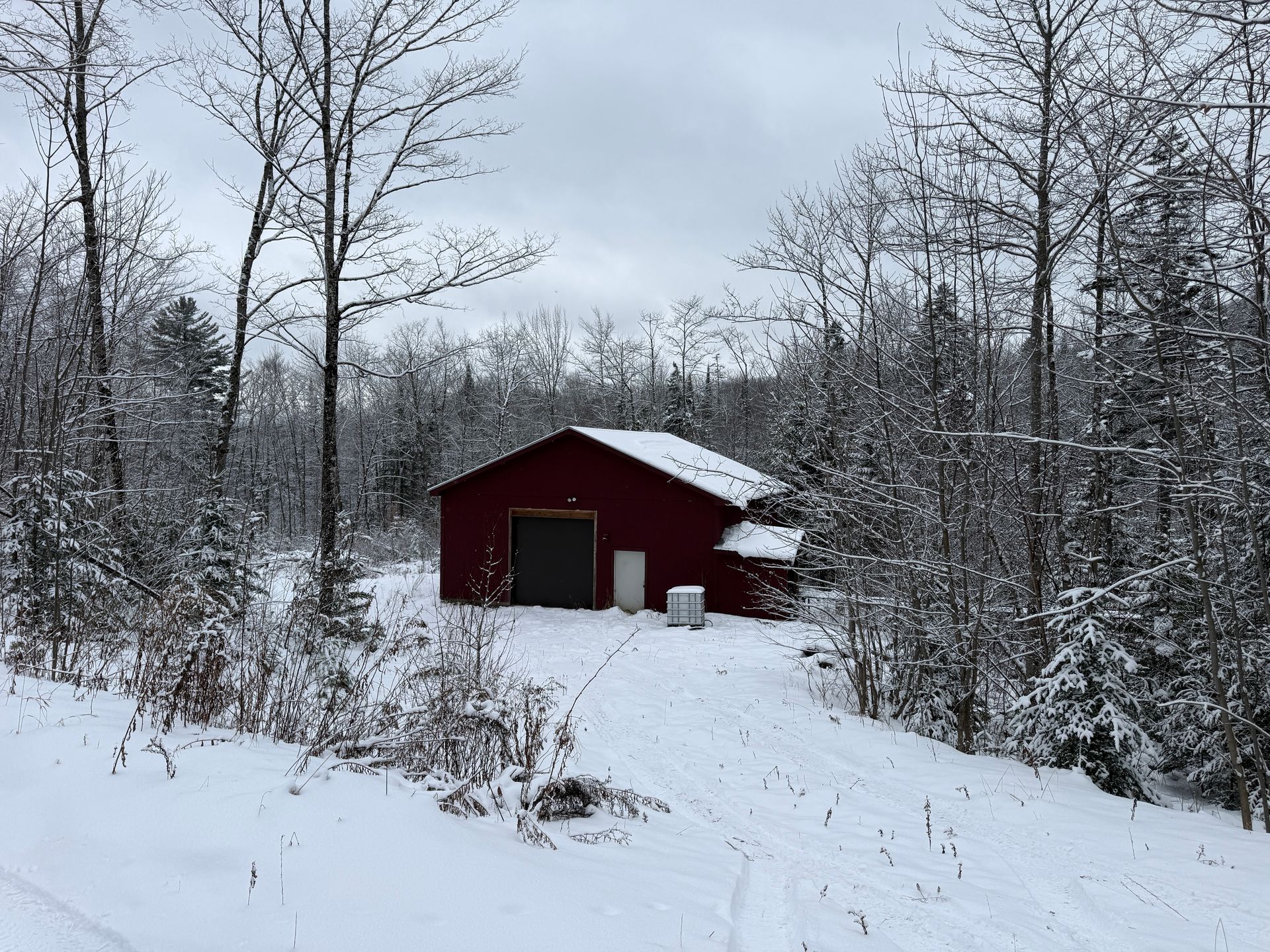 Red building nestled in snowy woods under a cloudy sky.