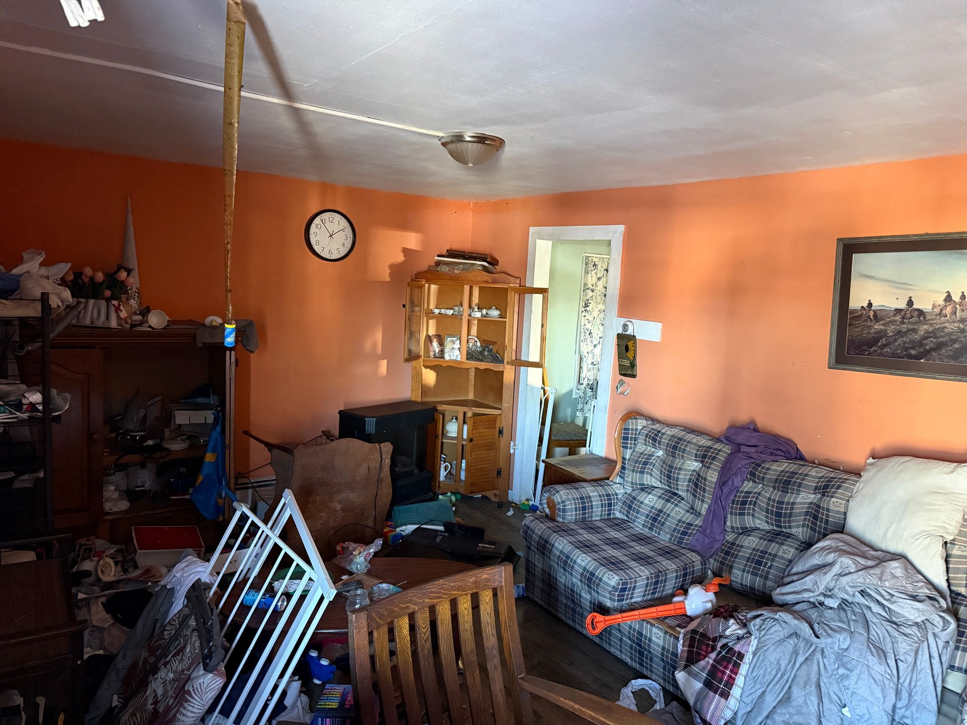 Living room with orange walls, furniture, and a couch.