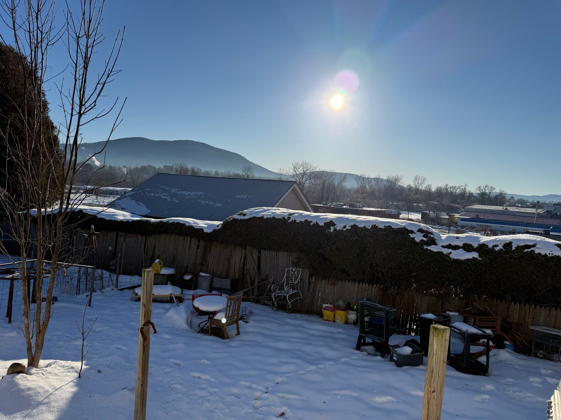 Snowy backyard with sun, fence, and buildings in the distance.