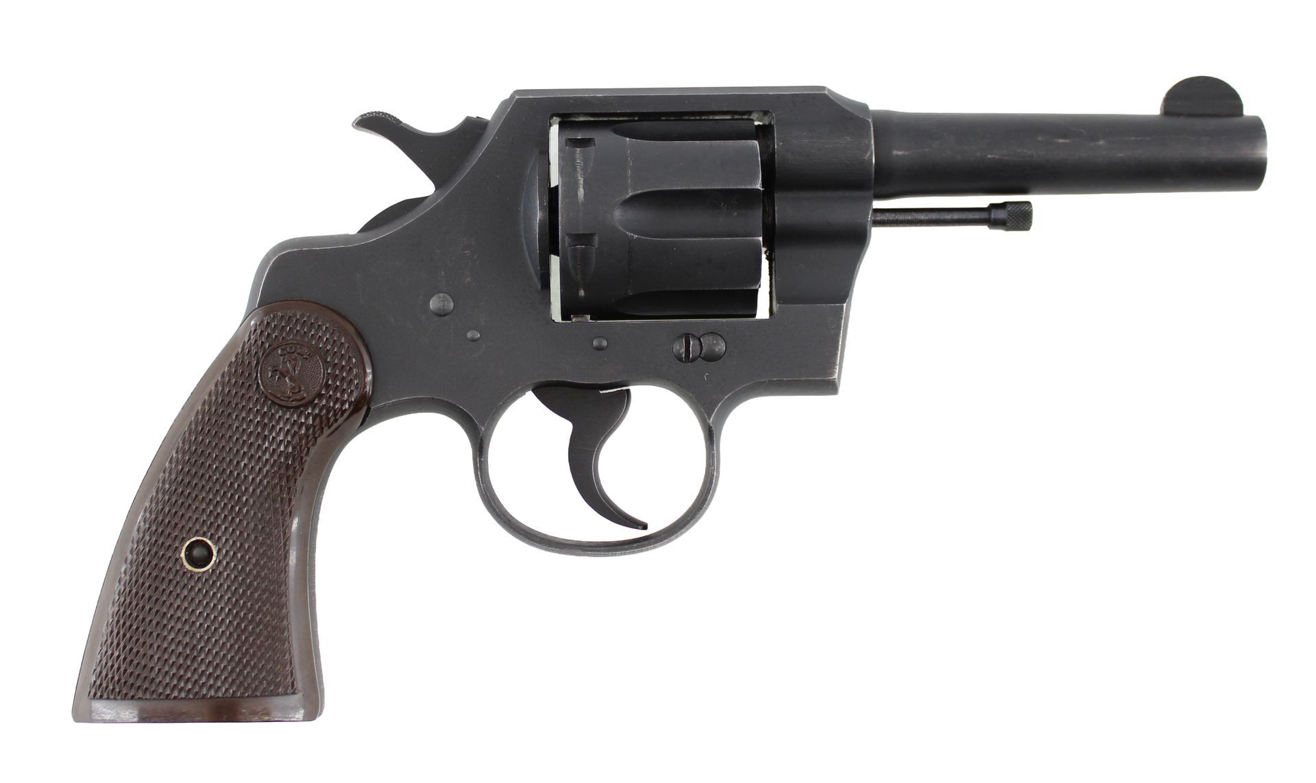 Black revolver handgun with wooden grip, side view on white background