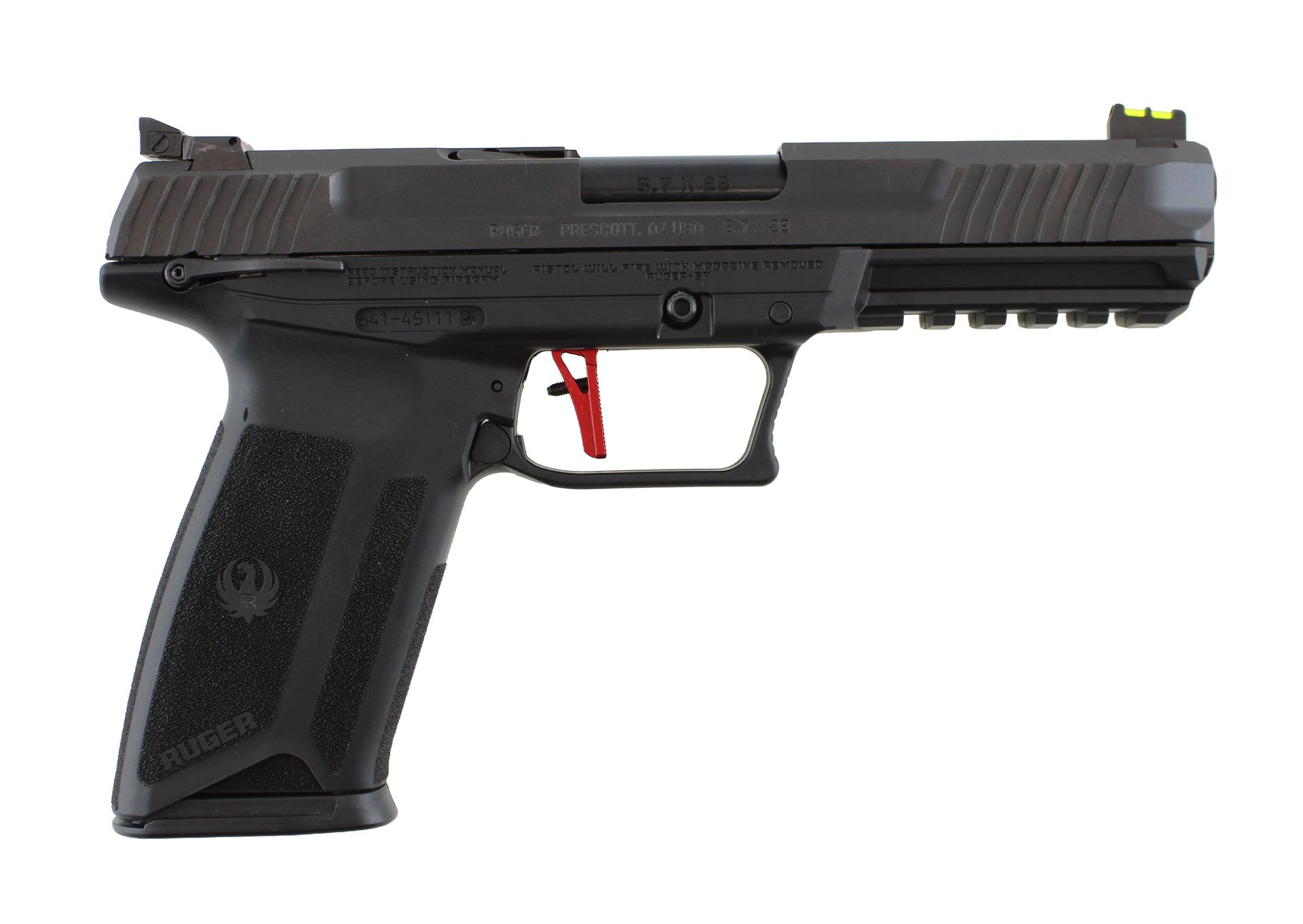 Black semi-automatic pistol on a white background with a red trigger safety and front sight