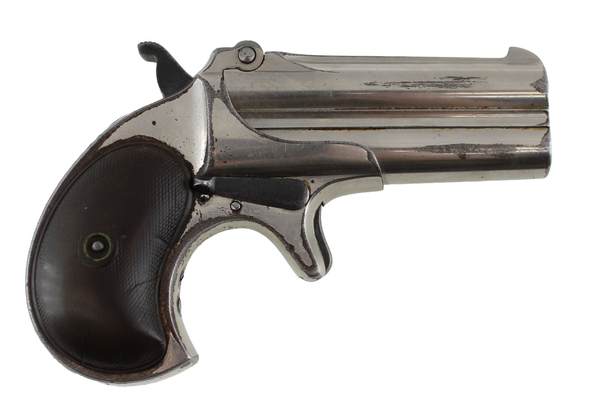 Small silver Derringer-style handgun with a black grip, shown in side view on a white background