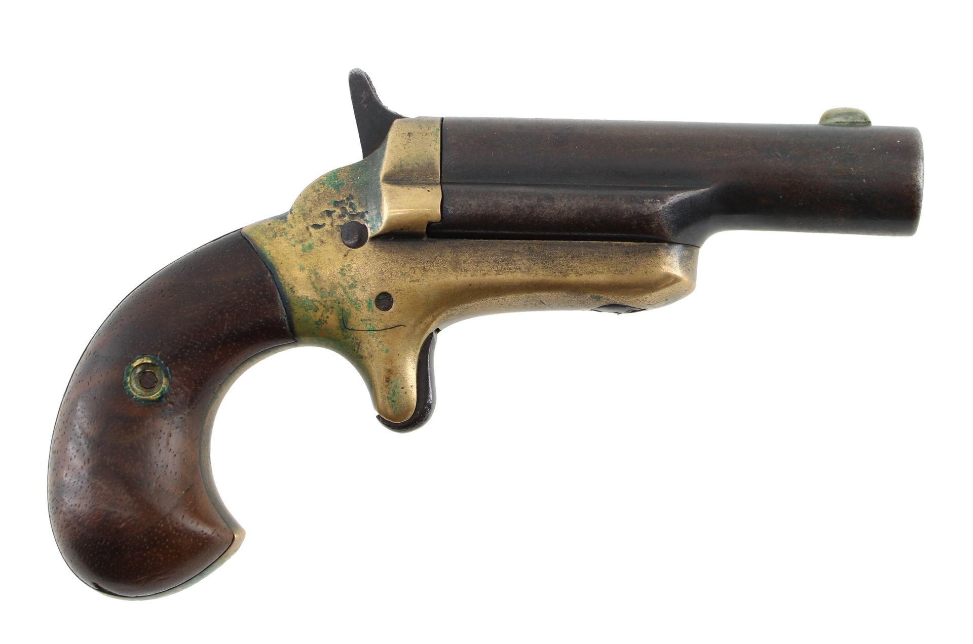 Antique brass-and-wood pepperbox pistol, shown in profile on a white background