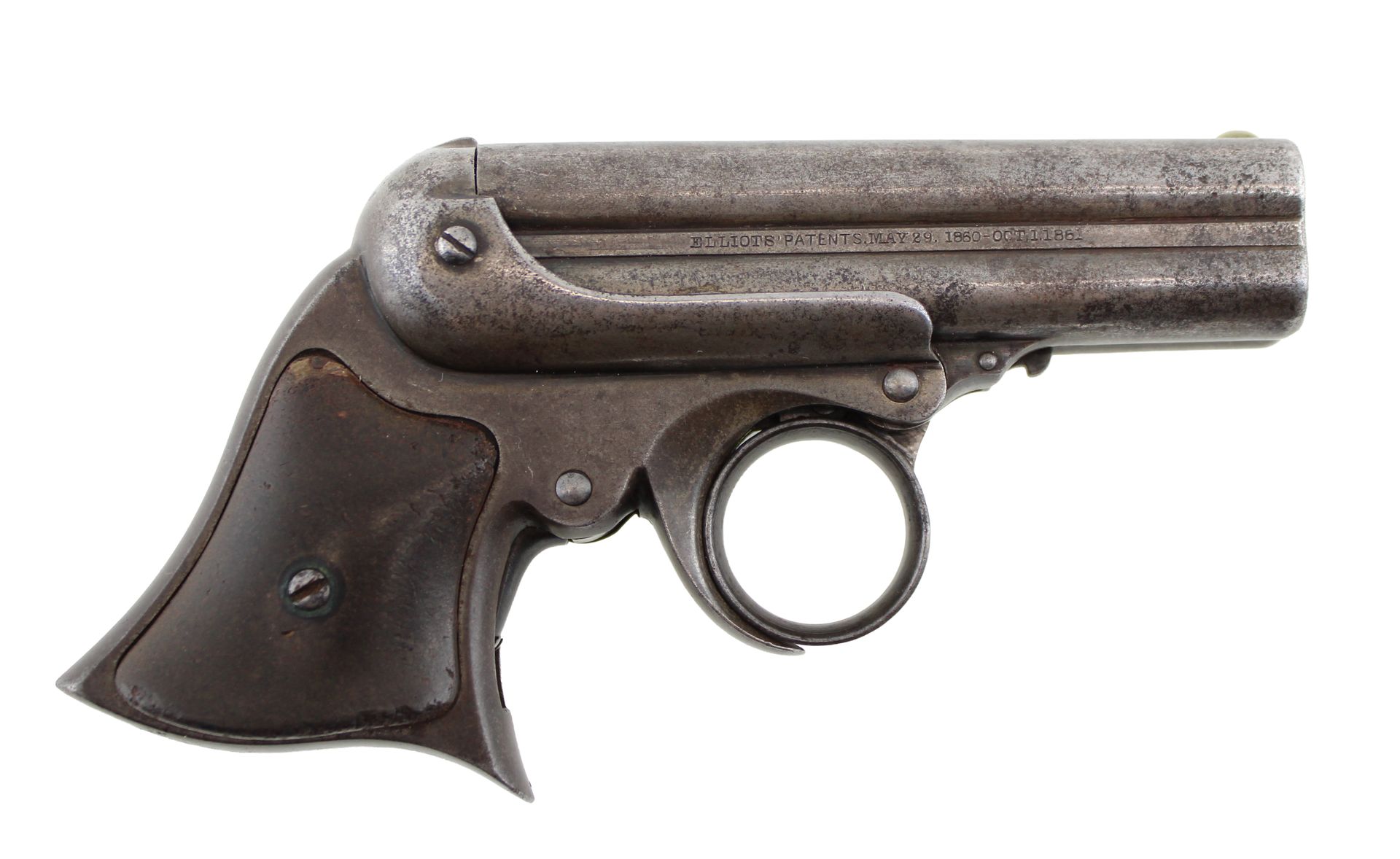 Vintage derringer pistol with dark grip, shown in side profile on a white background