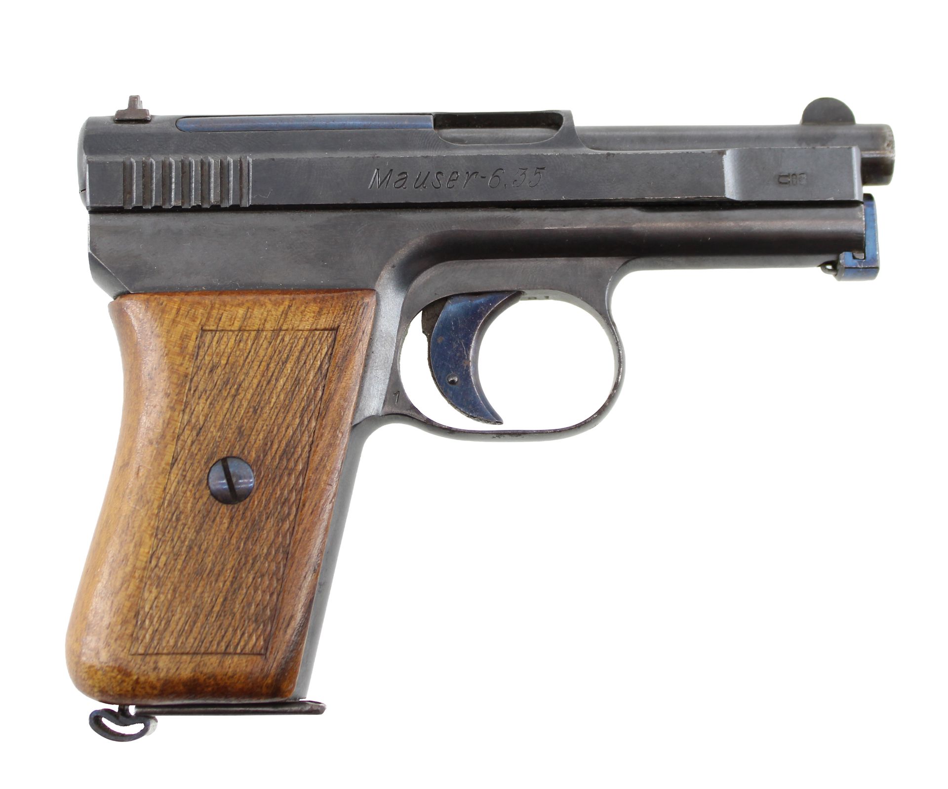 Compact black handgun with a brown wooden grip, shown in side view on a white background