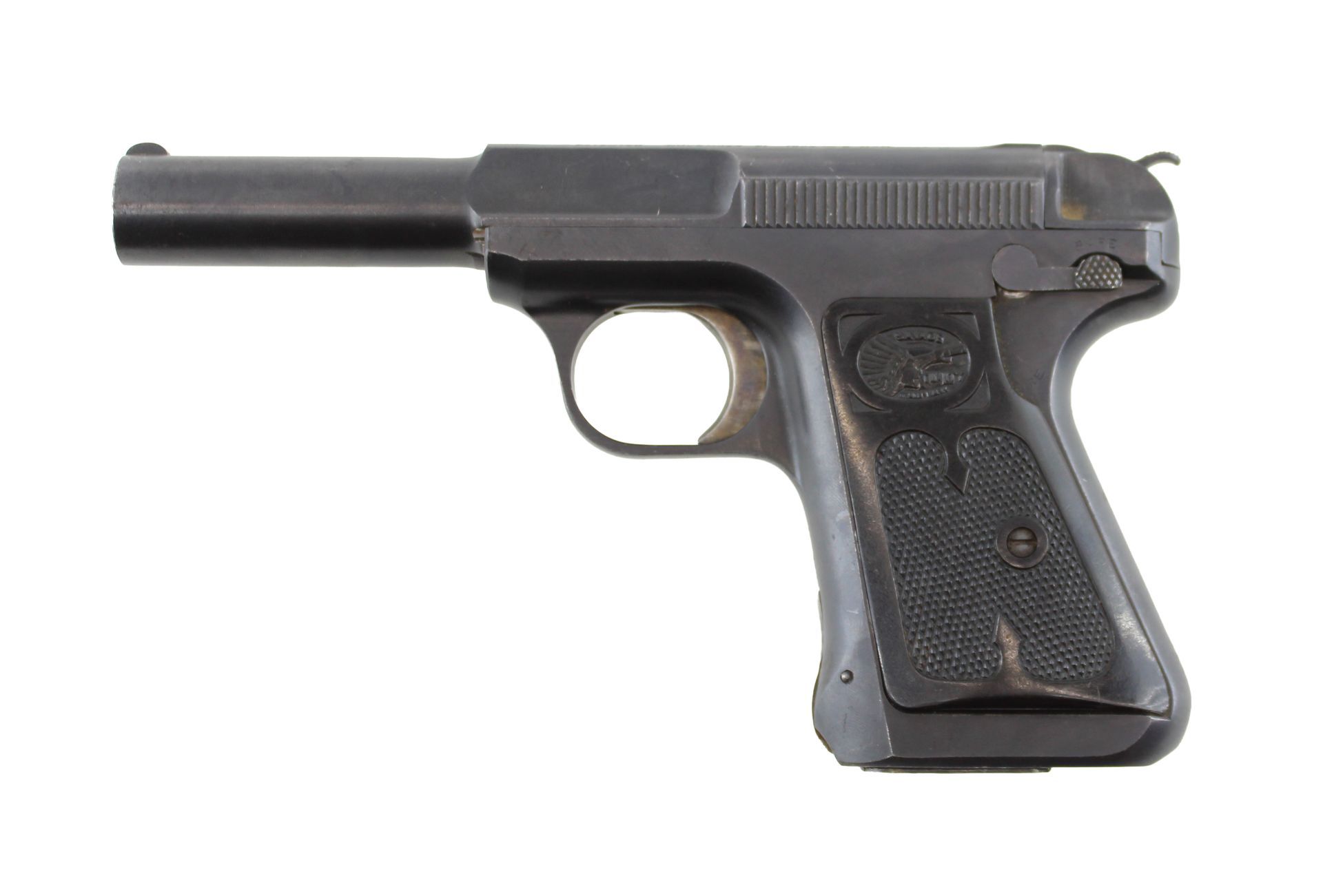 Black semi-automatic pistol on a white background