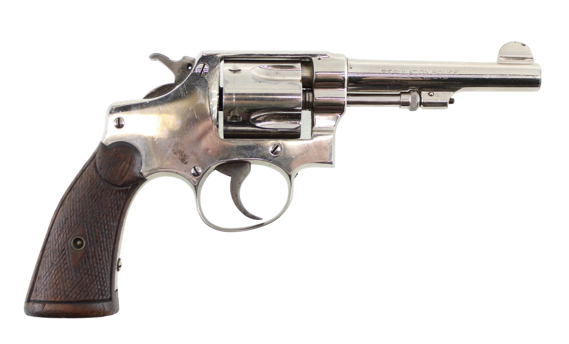 Silver revolver with brown grip on a white background