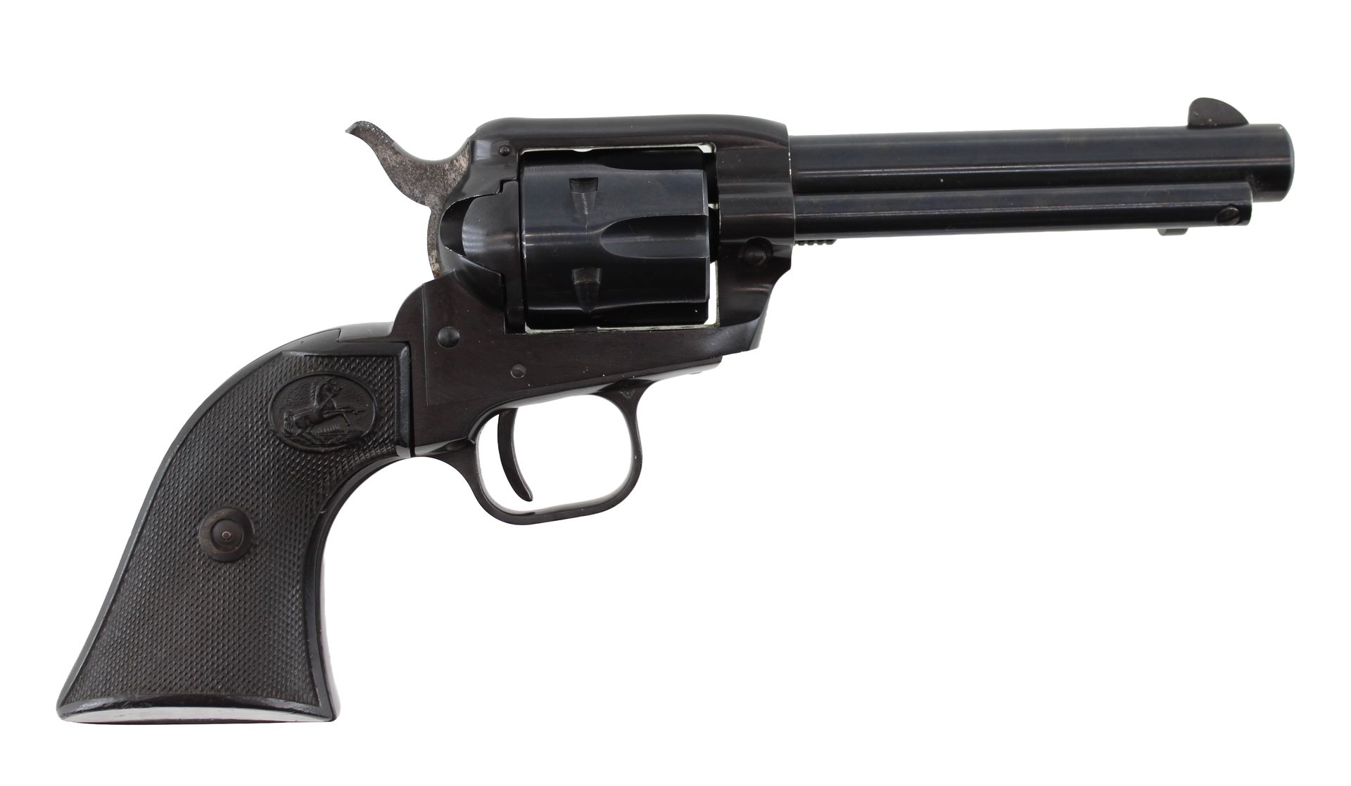 Black revolver handgun shown in side view on a white background