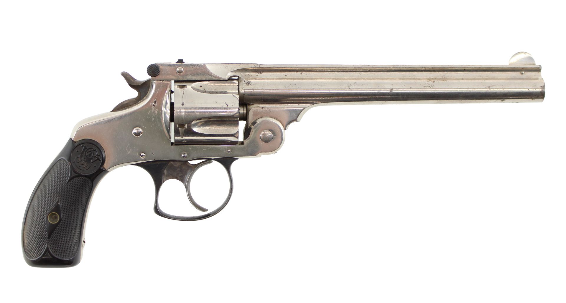 Close-up of a silver revolver with a long barrel and black grip, isolated on a white background