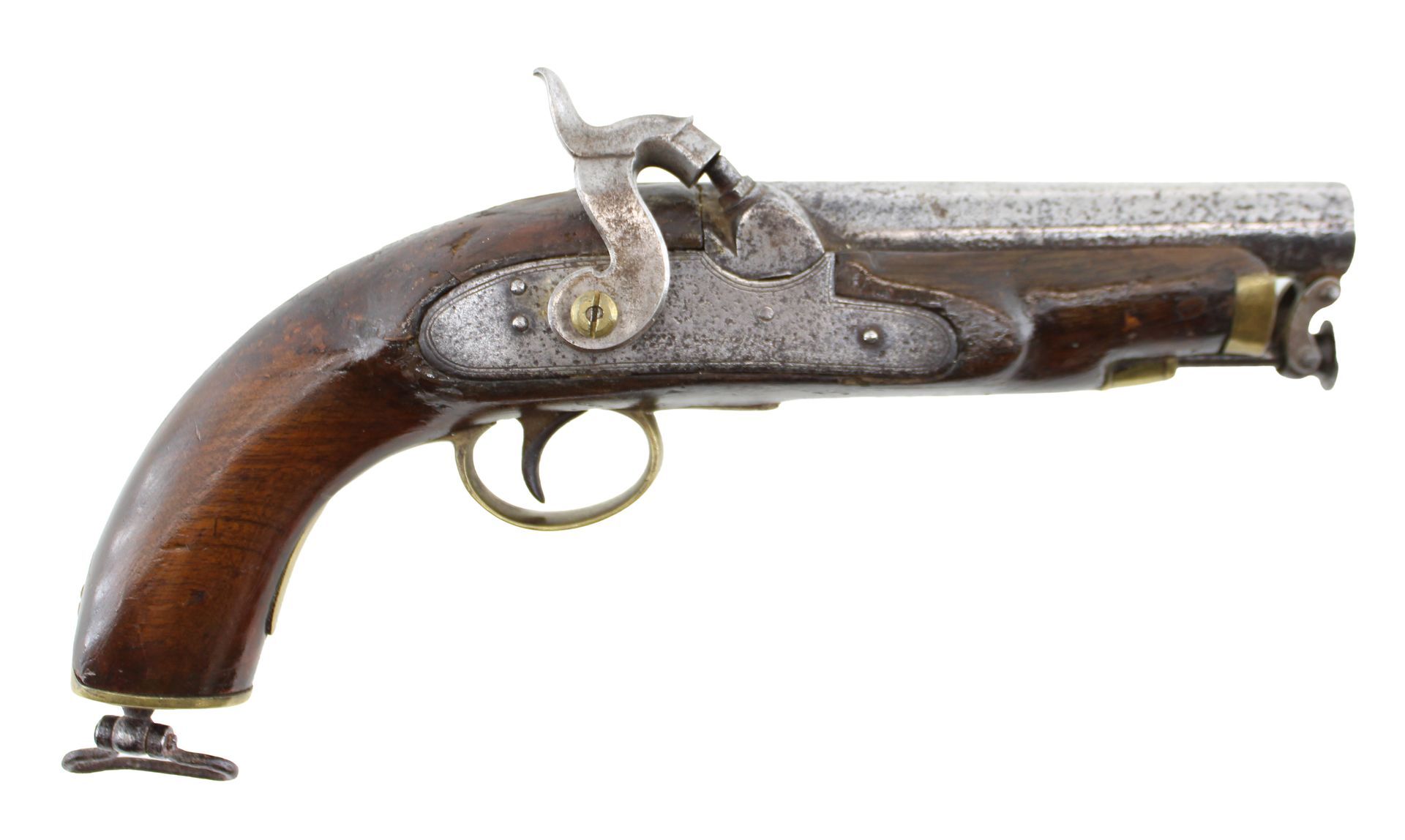 Antique flintlock pistol with dark wooden grip and metal barrel on white background