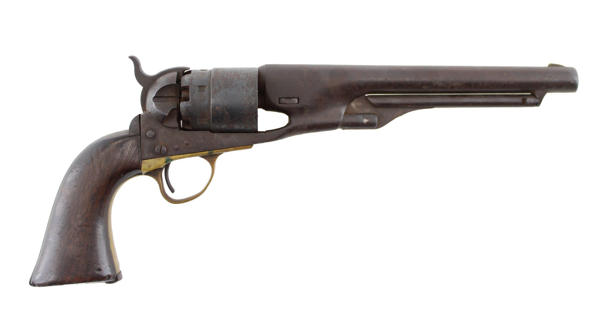 Antique revolver with long barrel, shown in side view on a white background