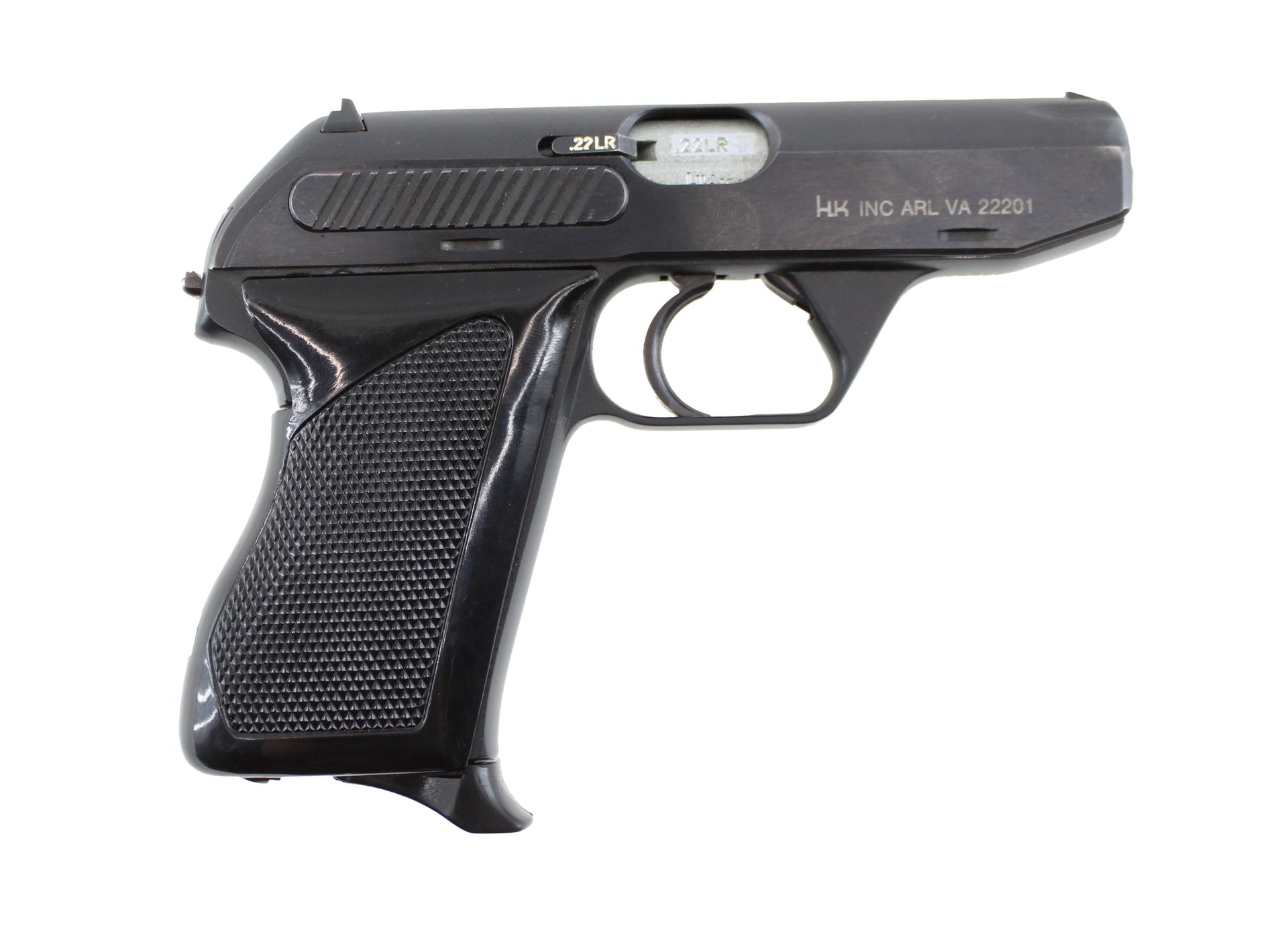 Black compact handgun on a white background