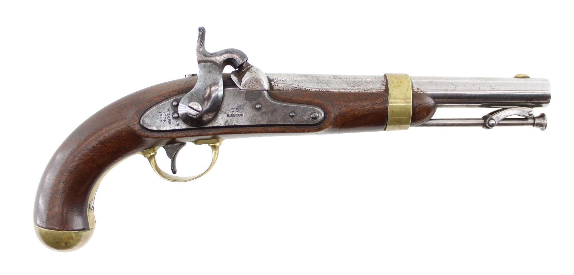 Antique flintlock pistol with brown wooden grip and metal barrel on white background