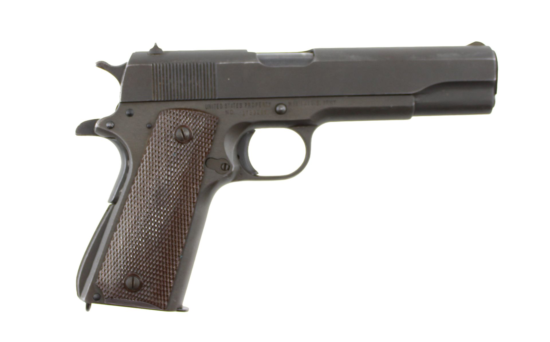 Black semi-automatic handgun with brown textured grip on a white background