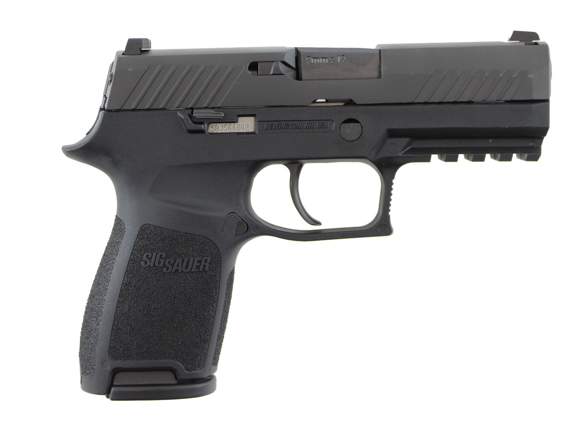 Black semi-automatic handgun in left-facing side view on a white background