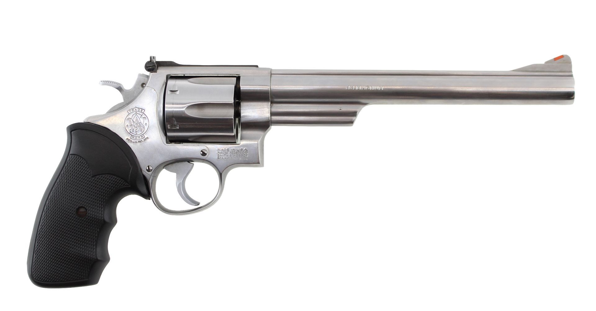 Silver revolver with black grip on a white background