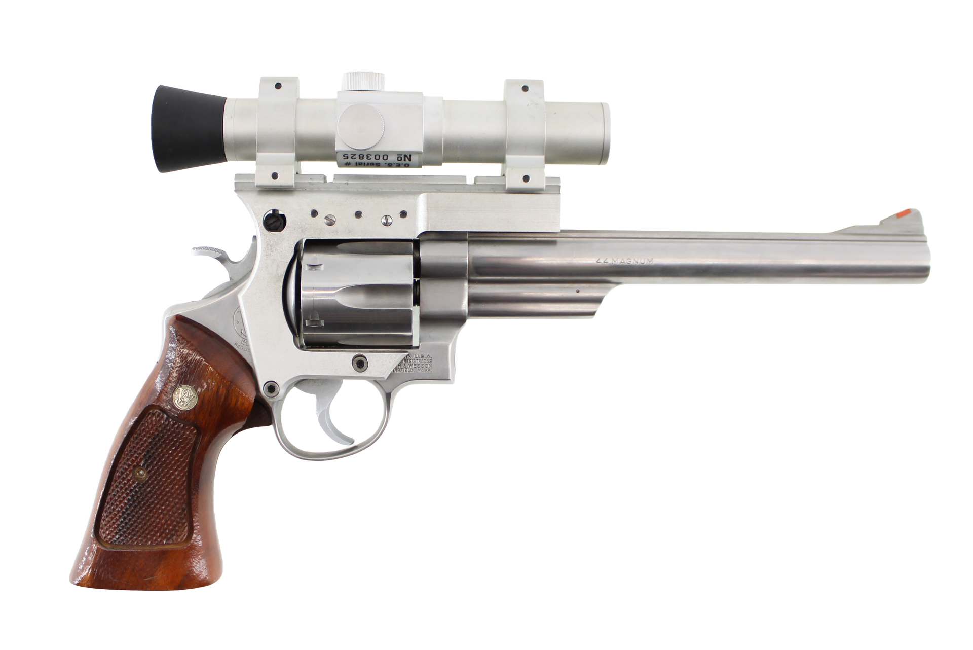 Silver revolver with wooden grip and mounted scope, isolated on white background