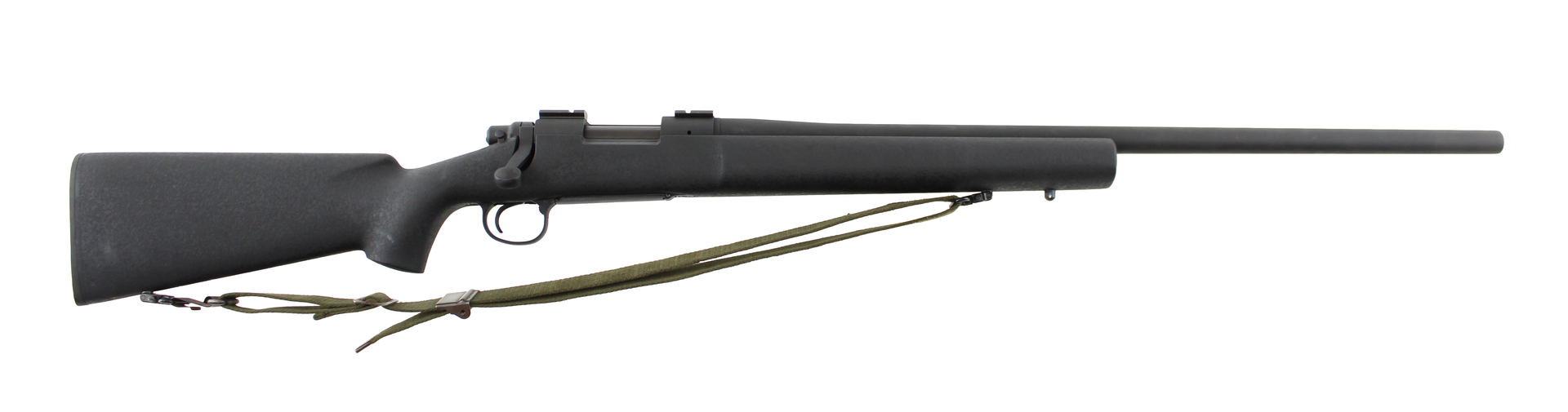 Black rifle with scope and sling on white background