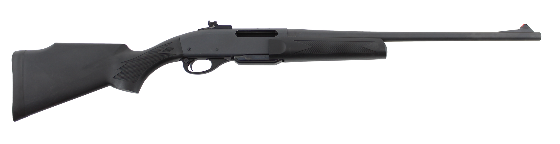 Black bolt-action rifle with scope on a white background