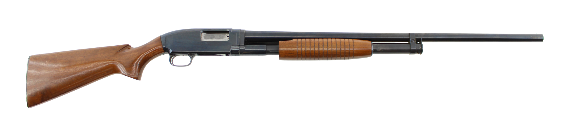 Pump-action shotgun with wooden stock and fore-end on a white background