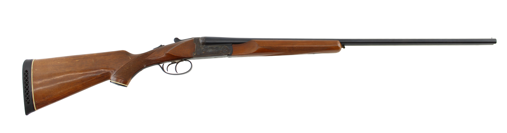 Rifle with wooden stock and long black barrel on a white background