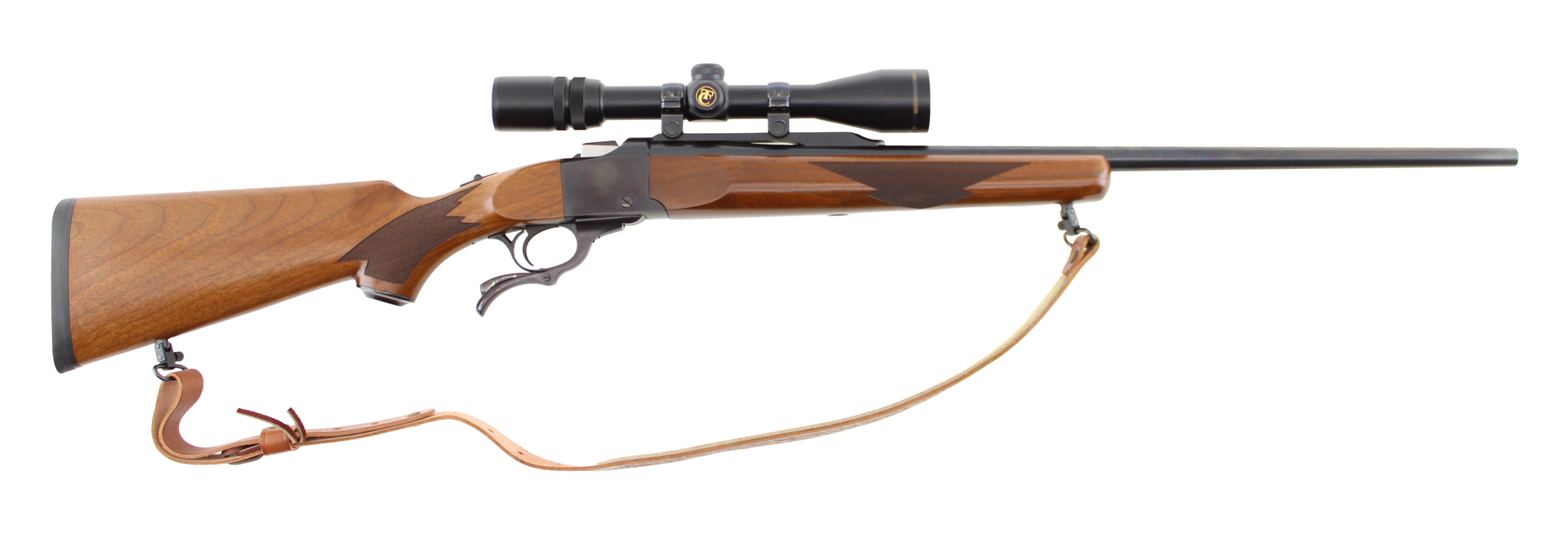 Wooden-stock hunting rifle with scope and sling, shown in side view on a white background