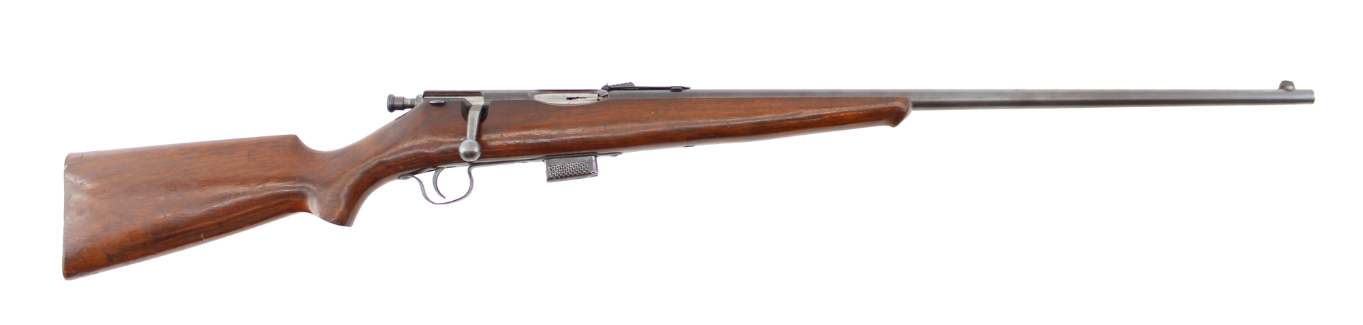 Wooden bolt-action rifle with scope, shown in side view on a white background