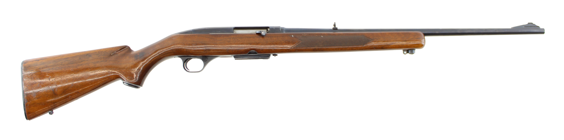 Wooden rifle with a long barrel, shown in profile on a white background