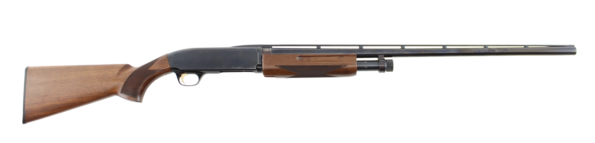 Side view of a shotgun with wooden stock and fore-end on a white background